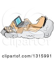 Cartoon Chubby Caveman Reclined On Boulders And Using A Laptop Computer