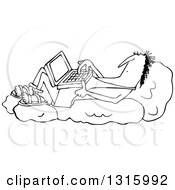 Poster, Art Print Of Cartoon Black And White Chubby Caveman Reclined On Boulders And Using A Laptop Computer
