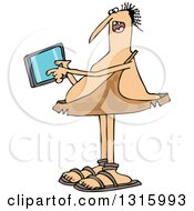 Cartoon Chubby Caveman Holding And Using A Tablet Computer