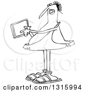 Outline Clipart Of A Cartoon Black And White Chubby Caveman Holding And Using A Tablet Computer Royalty Free Lineart Vector Illustration