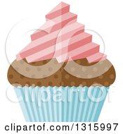 Poster, Art Print Of Flat Design Chocolate Cupcake With Pink Frosting And A Blue Wrapper
