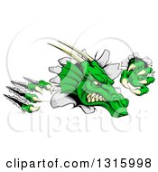 Poster, Art Print Of Vicious Green Dragon Mascot Head Shredding Through A Wall