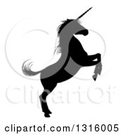 Poster, Art Print Of Black Silhouetted Rearing Unicorn In Profile Facing Right