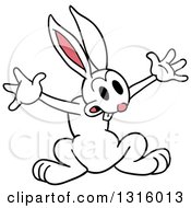 Clipart Of A Cartoon Excited White Rabbit Holding Out His Arms Royalty Free Vector Illustration