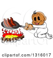 Cartoon Black Baby Boy Cooking Sausages Over A Camp Fire