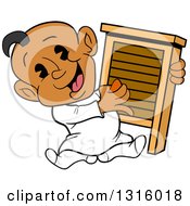Cartoon Black Baby Boy Sitting And Playing A Washboard Like An Instrument