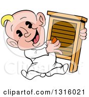 Cartoon White Baby Boy Sitting And Playing A Washboard Like An Instrument