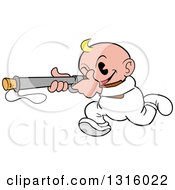 Cartoon White Baby Boy Running And Aiming A Popgun Rifle