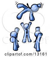 Group Of Blue Men Tossing Another Into The Air Clipart Illustration