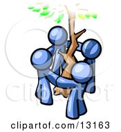 Group Of 4 Blue Man Standing In A Circle Around A Tree Clipart Illustration