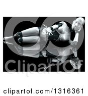 Clipart Of A 3d Resting Female Robot Gesturing On Reflective Black With A White Border Royalty Free Illustration