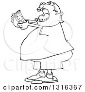Lineart Clipart Of A Cartoon Black And White Chubby Boy Ready To Devour A Watermelon Royalty Free Outline Vector Illustration