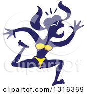 Clipart Of A Silhouetted Blue Woman In A Bikini Running Away On A Beach Royalty Free Vector Illustration