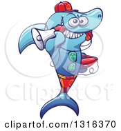 Cartoon Baywatch Lifeguard Shark Blowing A Whistle Holding A Boogie Board And Megaphone