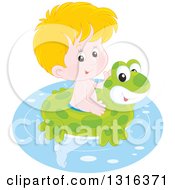 Cartoon Blond Caucasian Boy Swimming With A Frog Inner Tube