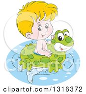 Poster, Art Print Of Cartoon Blond White Boy Swimming With A Frog Inner Tube