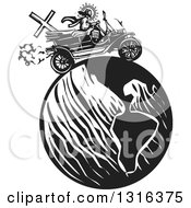 Poster, Art Print Of Black And White Woodcut Jesus Christ Driving An Antique Model T Car Around Earth
