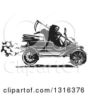 Black And White Woodcut Grim Reaper Driving An Antique Model T Car
