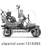 Black And White Woodcut Cowboy Waving His Hat By An Antique Model T Car
