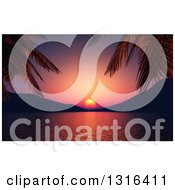 Clipart Of A 3d Purple And Red Tropical Ocean Sunset Framed By Silhouetted Palm Tree Branches And Hills Royalty Free Illustration