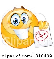 Poster, Art Print Of Smart Happy Yellow Emoticon Smiley Face Holding An A Plus Graded Paper