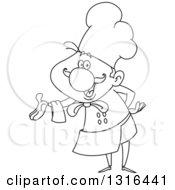 Lineart Clipart Of A Cartoon Black And White Male Chef Presenting Royalty Free Outline Vector Illustration