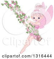 Poster, Art Print Of Happy Pink Fairy Tale Pixie On A Swing With Rose Vines