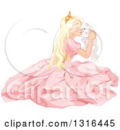 Poster, Art Print Of Blond Caucasian Princess In A Pink Gown Sitting On The Floor Holding And Rubbing Noses With A White Kitten