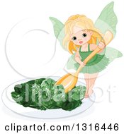Blond White Toddler Female Fairy Holding A Spoon Over A Spinach Salad