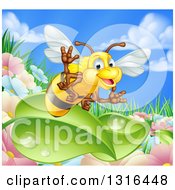 Poster, Art Print Of Cartoon Friendly Bee Waving And Flying Over Leaves And A Flower Garden