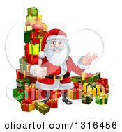 Poster, Art Print Of Cartoon Santa Claus Presenting And Giving A Thumb Up By Stacked Christmas Gifts