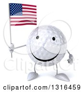 Clipart Of A 3d Happy Golf Ball Character Holding An American Flag Royalty Free Illustration