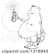 Cartoon Black And White Fat Man In Swim Shorts Holding A Firecracker And Match