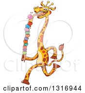 Poster, Art Print Of Cartoon Giraffe Running And Licking A Giant Waffle Ice Cream Cone