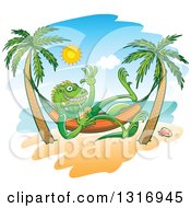 Poster, Art Print Of Cartoon Relaxed Iguana Lizard Waving Drinking Iced Tea In A Hammock On A Tropical Beach