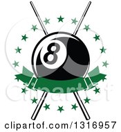 Poster, Art Print Of Billiards Pool Eightball Over Crossed Cue Sticks In A Circle Of Stars With A Blank Green Banner