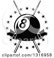 Poster, Art Print Of Black And White Billiards Pool Eightball Over Crossed Cue Sticks In A Circle Of Stars With A Blank Banner