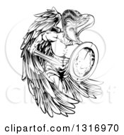 Clipart Of A Black And White Spartan Trojan Warrior Angel Running With A Sword And Shield Royalty Free Vector Illustration