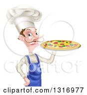White Male Chef With A Curling Mustache Holding A Pizza