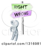 Clipart Of A 3d Silver Man Looking Up At Green And Purple Right And Wrong Directional Arrow Signs Royalty Free Vector Illustration