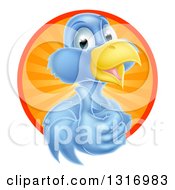 Poster, Art Print Of Pleased Blue Bird Character Giving A Thumb Up And Emerging From A Circle Of Sunshine