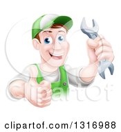 Clipart Of A Happy Brunette Middle Aged Caucasian Mechanic Man In Green Wearing A Baseball Cap Holding A Wrench And Thumb Up Royalty Free Vector Illustration