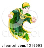 Poster, Art Print Of Happy Blue Eyed Brunette Caucasian Male Super Hero Running In A Green Suit