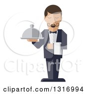Modern Design Male Waiter With A Curling Mustache Holding A Cloth Napkin And Cloche Platter
