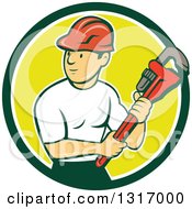 Poster, Art Print Of Retro Cartoon White Male Plumber Holding A Giant Monkey Wrench In A Green White And Yellow Circle