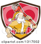 Poster, Art Print Of Retro Cartoon Plumber Santa In A Yellow Suit Holding A Monkey Wrench Over His Shoulder In A Brown White And Red Shield