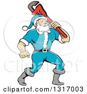 Poster, Art Print Of Cartoon Plumber Santa In A Blue Suit Holding A Monkey Wrench Over His Shoulder