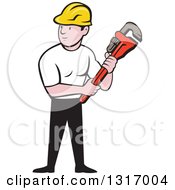 Poster, Art Print Of Cartoon White Male Plumber Holding A Monkey Wrench