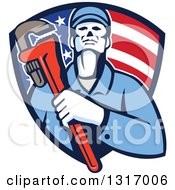 Poster, Art Print Of Retro Male Plumber Holding A Monkey Wrench And Amerging From An American Flag Shield