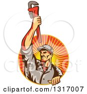 Poster, Art Print Of Retro White Male Plumber Holding Up A Monkey Wrench And Emerging From A Sunset Ray Circle